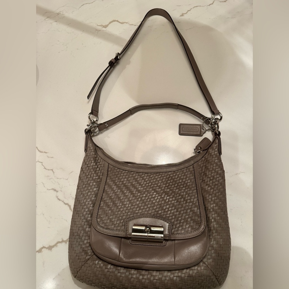 Coach Taupe Woven Leather Shoulder Bag with additional strap